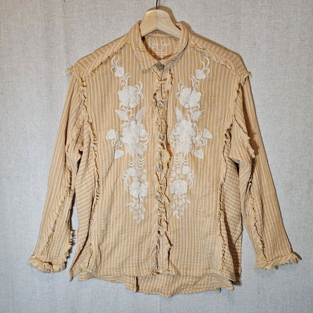 Kyla Seo Button Front Blouse Top Yellow Pink Embroidered Fray Art To Wear Small
